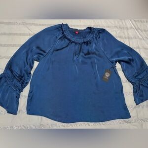 NEW VINCE CAMUTO long sleeve keyhole blouse top RUFFLE details raw edge size L